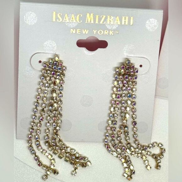 ISAAC MIZRAHI Gold Tone Crystal Dangling Post  Earrings - Picture 4 of 10
